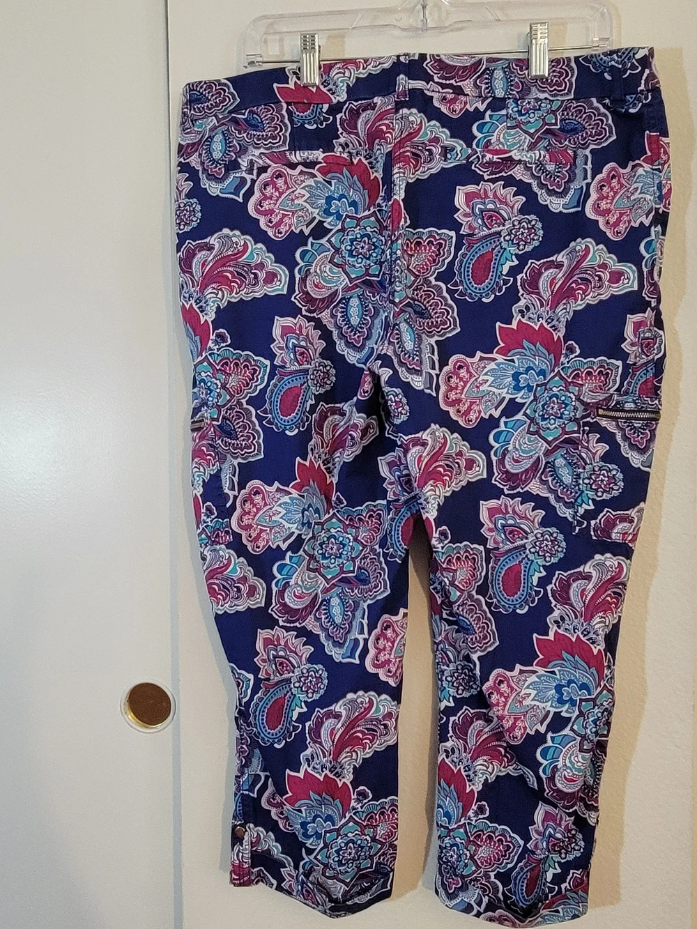 Chico's Navy Paisley Capri Pants with Pink & Light Blue Accents